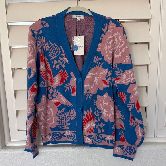 Avara Sweaters - NWT Avara Blue & Pink Floral Bird V-Neck Cardigan